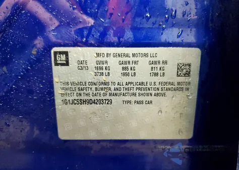 2013 Chevrolet Sonic Lt из США, поврежденный, VIN 1G1JC5SH9D4203729